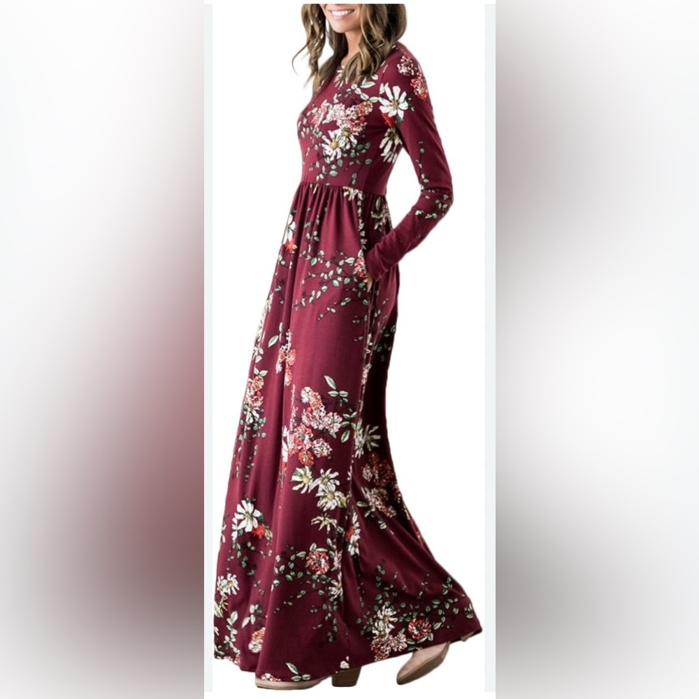 Grecerelle Floral Maxi Dress Size Small Burgundy Long Sleeve Boho Pockets Fall